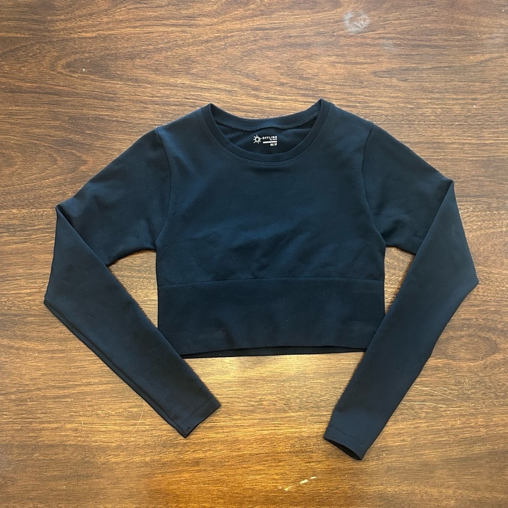 aerie Black Cropped Crewneck Sweatshirt